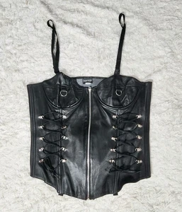 Elegant Moments Leather Zip Corset Bustier Womens 40 XL Black Lack Up Boned - Picture 1 of 15