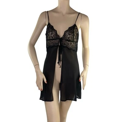 Lencería nocturna vintage Victoria's Secret negra seda y encaje 2000 Y2K Negligee Foto 1 de 4