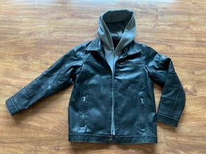 BLACK Rivet Big Boy Kids Sz XL Black Leather Zip-Out Hooded Bib Over Coat Jacket - Picture 1 of 24