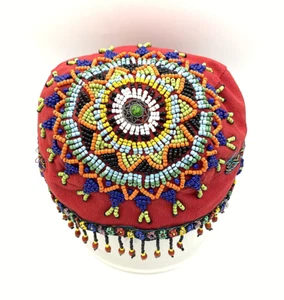 Bohemian Cap Aboriginal Indigenous Red Beaded Tassels Bells Green Center Stone - Picture 1 of 14