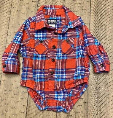 OshKosh B Gosh Flannel One Piece Bodysuit 6 Months Long Sleeve Plaid Button Up - Image 1 of 4