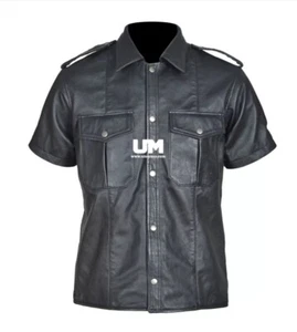 Gay Leather Police Shirt Black Military Fetish Uniform Shirt for Men - Picture 1 of 3