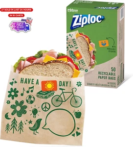Paper Sandwich and Snack Bags, Recyclable & Sealable with Fun Designs, 50 Bags T - Picture 1 of 12