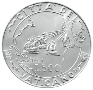 VATICAN 500 LIRE 1992 (America Evangelization) SILVER Commem. coin (KM# 235) UNC - Picture 1 of 5