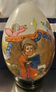 1991 Treasured Visions Manger Scene Reverse Painted Blown Glass Egg Wood Base  - Picture 1 of 12