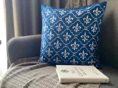 Sofa Pillow Case Blue 16"x16", Bed Decor Silk French Toile - French Vanilla - Image 1 of 4