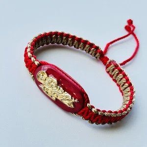 Pulsera Rojo/Beis Con San Judas Tadeo Oro Laminado Tejida Doble Y Reversible - Picture 1 of 6