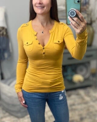 Sexy Deep V Neck Plunge Cleavage Military Henley Pocket Long Sleeve Top Yellow - Image 1 of 4
