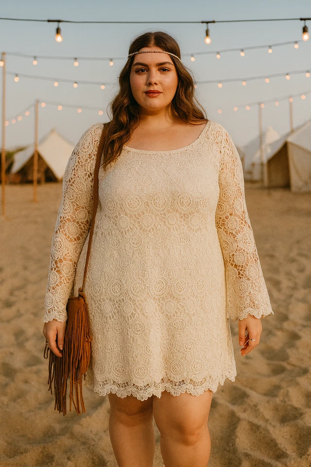 Vestido de mujer American Eagle grande marfil manga campana boho festival ganchillo vaquera Foto 1 de 4