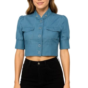 Doki-Geki  Women's Button Down Collared Cotton Cropped Top - Unique Piece - Picture 1 of 5