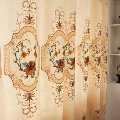 Juego de 2 Paneles Vintage Beige Chenilla Elegante Floral Bordado 70% Blackout C Foto 1 de 4