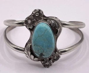 Brazalete Navajo Vintage Plata de Ley y Turquesa Ovalado (30,5 g) - Imagen 1 de 3