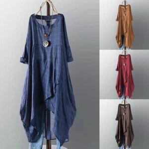 Womens Winter Check Plaid Long Tops Shirt Casual Loose Shift Dress Kaftan 8-24 - Picture 1 of 14