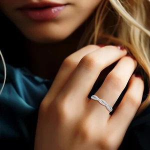 Twisted Half Eternity Wedding Band 0.25Ct Round Lab Grown Diamond 14K White Gold - Picture 1 of 13