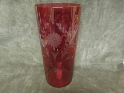 Circa 1950's West Virginia glass Ruby Stain Cut Daisy Flower and Wheat Tall Vase - Image 1 of 4