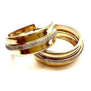 14K Solid Yellow Gold 3/4in Round Hoop White Gold Textured Band Earrings 2.75g - Picture 1 of 11