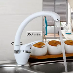 Fregadero de tocador de cocina blanco mezclador grifos giratorios grifo montaje en cubierta de un solo orificio - Imagen 1 de 12