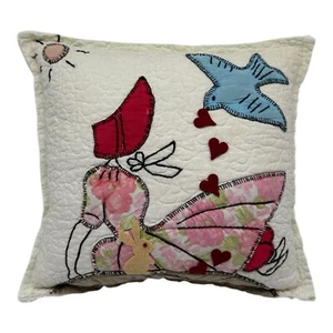 NEW Handmade Sunbonnet Sue Bluebird Hearts Pillow Old Quilt Chenille Valentine - Picture 1 of 11