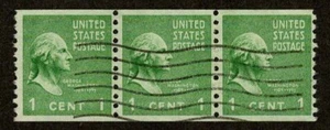 US 1939 #839 - 1c Green Washington Coil Strip of 3 Stamps Used - Picture 1 of 4
