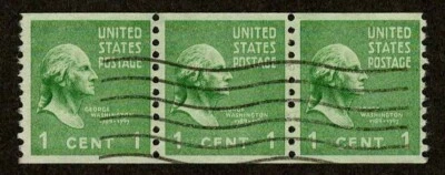 US 1939 #839 - 1c Green Washington Coil Strip of 3 Stamps Used - Image 1 of 4