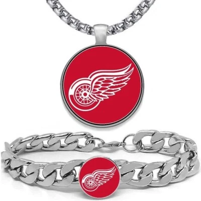 GRANDE Detroit Red Wings Para Hombres 2 Piezas Conjunto de Regalo Collar de Hockey con Pulsera D4D30 Foto 1 de 4