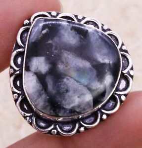 Moonstone & Black Onyx 925 Silver Plated Handmade Ring US Size 8.5 Ethnic