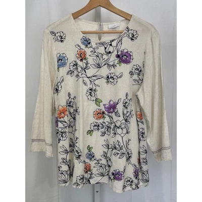 J. JILL Jardines Botánicos Bordado Parte superior de 3/4 mangas Mezcla de lino Ligera L Foto 1 de 4