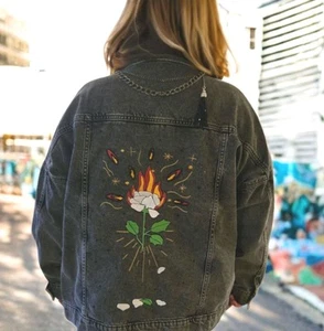 One Off Punk Rose Denim Jacket AU 16 Handmade Statement Streetwear Bold  Design  - Bild 1 von 16