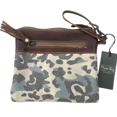 Myra Bag Camo Distressed Leather Canvas Wristlet Clutch NEW Western Brown Green - Image 1 of 4