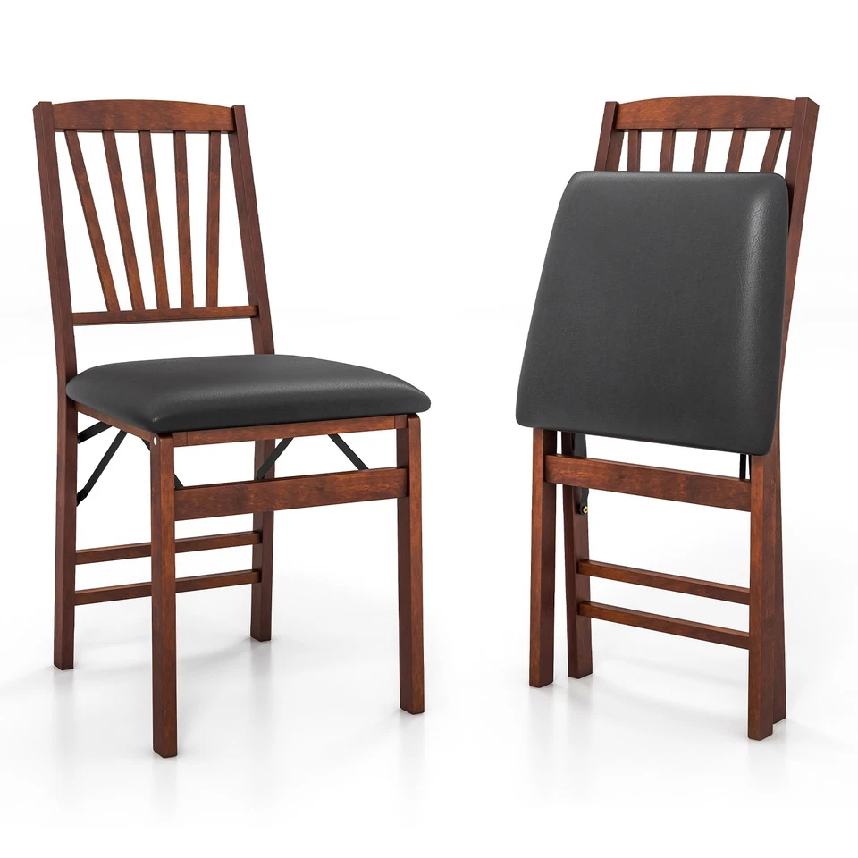 Set of 2 Folding Chairs with Padded Seat and Rubber Wood Frame-Brown - Color Br
