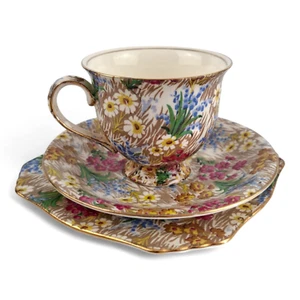 Hermosa taza de té Royal Winton Grimwades Chintz Marguerite trío dorado - Imagen 1 de 8