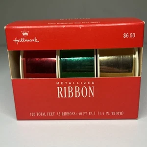 NOS Vintage 2000s Hallmark Metallized Ribbon 120ft 3-Pack Red Green Gold 1/4" - Picture 1 of 7