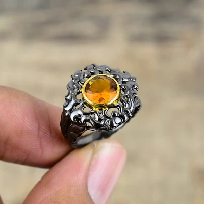 Anillo de cuarzo dorado chapado en oro y negro de plata de ley 925 S.7.5 R87029 Foto 1 de 4