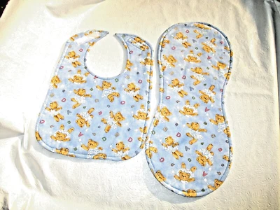 Handmade By Me Infant Toddler Bib and Burp Pad Set. ABC Ballerina Bears on Blue - Image 1 of 4