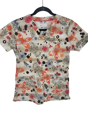 White Cross Medical Scrub Top XS Womens Tan Orange Butterfly Print Short Sleeve - Image 1 of 4