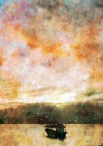 Boot auf dem Meer unter Sonnenuntergang Aquarell Gemälde Unikat Geschenk (Druck) - Bild 1 von 7