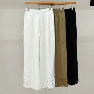 Elastic Waist Lace-up Comfortable Casual Pants Womens 100% Linen Long Trousers - Picture 1 of 20