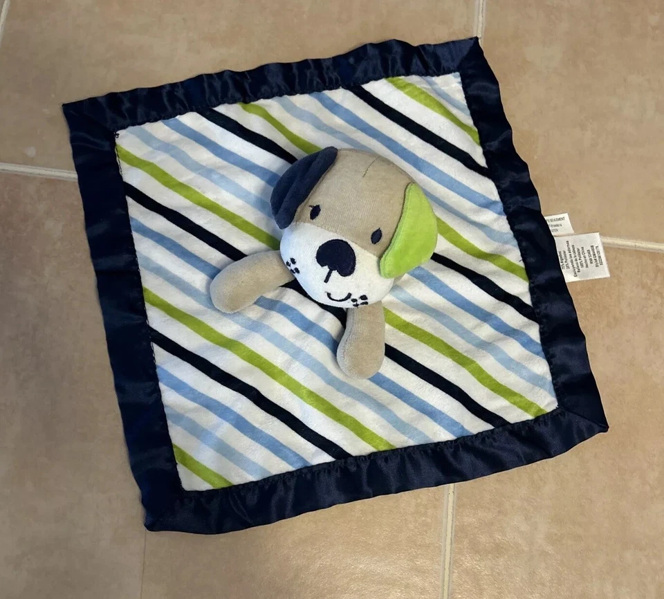 Garanimals Puppy Dog Lovey Security Blanket Striped Navy Blue & Green Satin Back - Image 1 of 4
