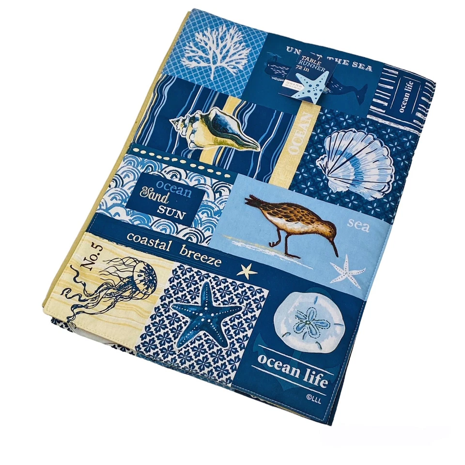 Ocean Life Seashells Seagulls Starfish Cotton Applique 72" Table Runner - Image 1 of 1