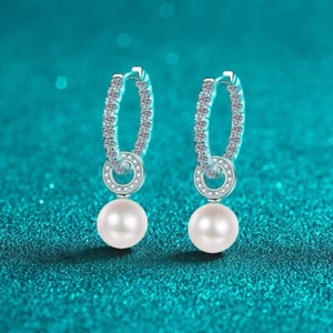2.70 Ct Round Pearl and Real Moissanite Hook Drop Earrings 14K White Gold Plated - Picture 1 of 8
