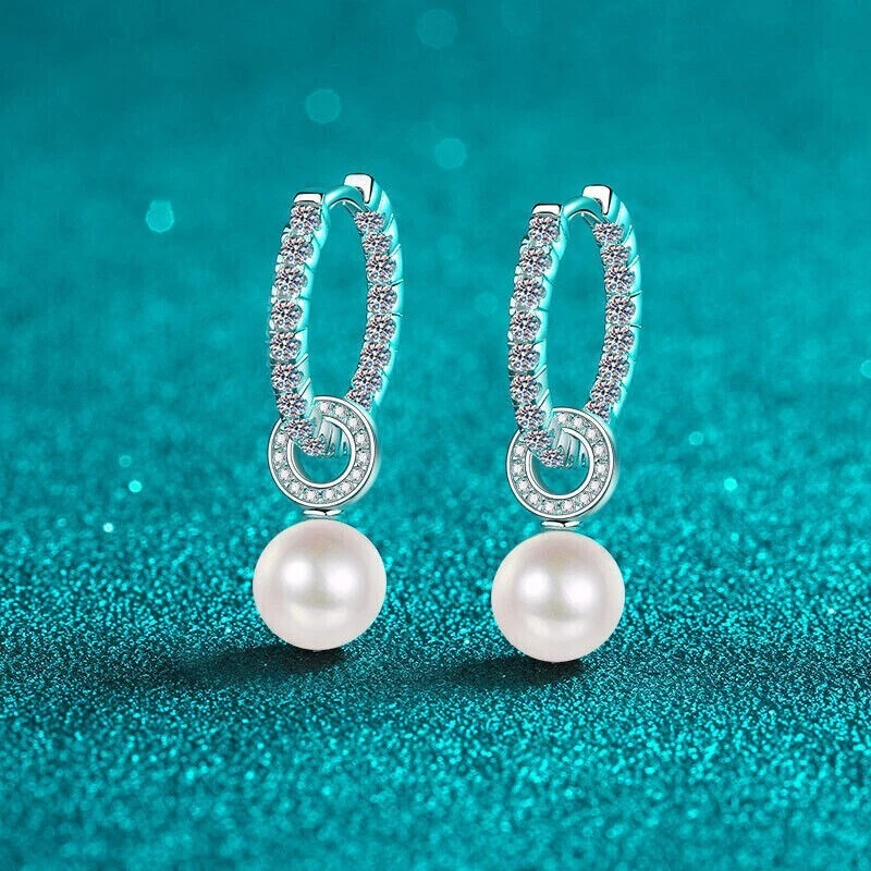2.70 Ct Round Pearl and Real Moissanite Hook Drop Earrings 14K White Gold Plated - Image 1 of 4