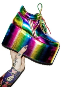 Harajuku Rave Party Platform Lace Up High Block Sneakers Holo Rainbow US 6 - Picture 1 of 5