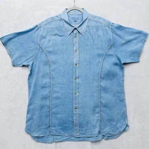 MARTIN GORDON Mens XXL Blue 100% Linen Short Sleeve Button-Up Shirt - Picture 1 of 4