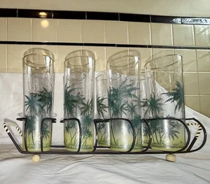Rare Vintage Tropical Palm Trees Frosted 8 Highball Glasses With Original Tray - Picture 1 of 24