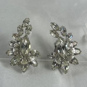 Orecchini Climber Fiore Clip On Pietre di Vetro Trasparente 1,5” Vintage - Foto 1 di 6