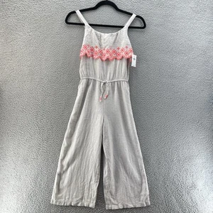 Old Navy Linen Jumpsuit Girls Medium Beige Orange Embroidery Wide Legs Lagenlook - Picture 1 of 14