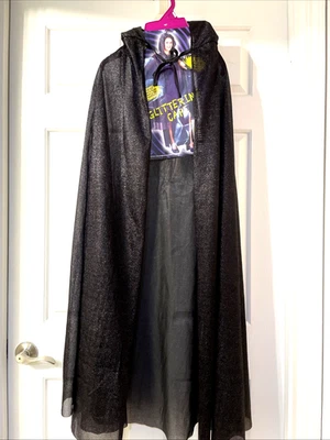 Halloween Adult Hooded Glittering Cape Black Sheer Sparkle One Size Witch, Queen - Image 1 of 4