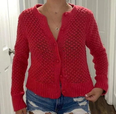 LL Bean Coral Red Cardigan Sweater Chunky Knit Button Up Lg Lagenlook Preppy - Image 1 of 4