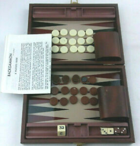 Vintage Backgammon Set - Faux Leather Travel Case - Brown/White - Instructions