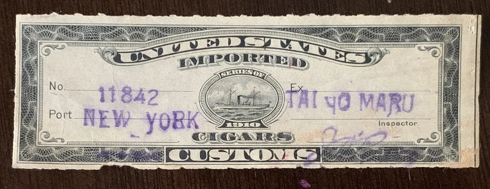1910 IMPORTED CIGAR CUSTOMS NEW YORK STAMP US BOB INSPECTED BY TAI YO MARU - Image 1 of 2